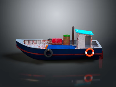 Small Blue And White Watercraft With Blue Roofed Cabin Red Green Barrels And Orange Lifebuoy 3d model