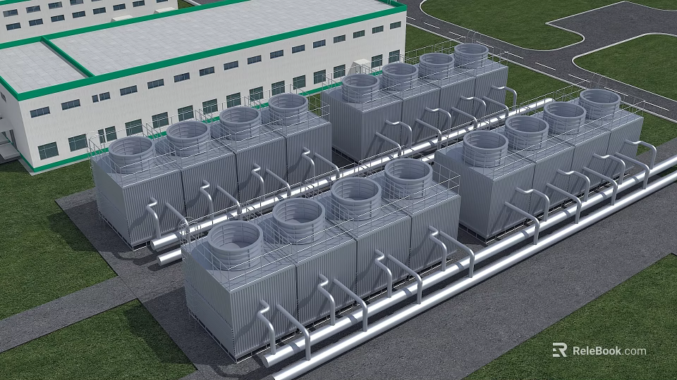 Industrial Cooling Towers With Pipes And Equipment At Modern Factory Site 3d model 
