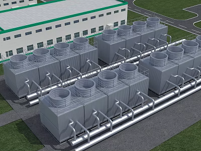 Industrial Cooling Towers With Pipes And Equipment At Modern Factory Site 3d model