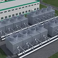 Industrial Cooling Towers With Pipes And Equipment At Modern Factory Site