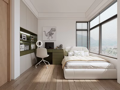 Kids Room Interior Design With White Bed Green Desk Dinosaur Painting And Wooden Floor 3d model