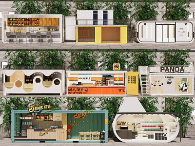 Diverse Modern Mall Shops With Colorful Facades Unique Shapes And Green Plant Decor 3d model