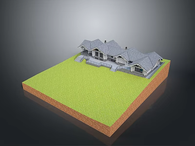 3D Residential House Model on Green Lawn With Brown Soil Base and Gray Roof 3d model