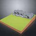 3D Residential House Model on Green Lawn With Brown Soil Base and Gray Roof