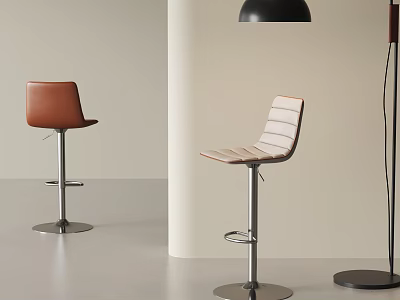 Modern Bar Stools With Leather And Wooden Slat Seats On Metal Bases In Minimalist Interior 3d model