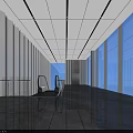 Modern Elevator Lobby Design With Escalator White Walls Black Marble Flooring And Large Windows