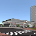 Modern Commercial Complex Architectural Design with Tall Tower Glass Facade Plaza Parking and Greenery