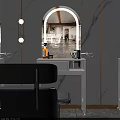 White Dressing Tables With Arched Mirrors Wall Lights And Skincare Bottles On Marble Wall Background