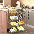 Fresh Vegetables in Multi Layer Metal Cart on Kitchen Counter with Wooden Cabinets and Appliances