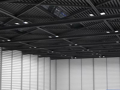 Spacious Modern Parking Garage With Metal Ceiling And Roller Shutter Walls 3d model