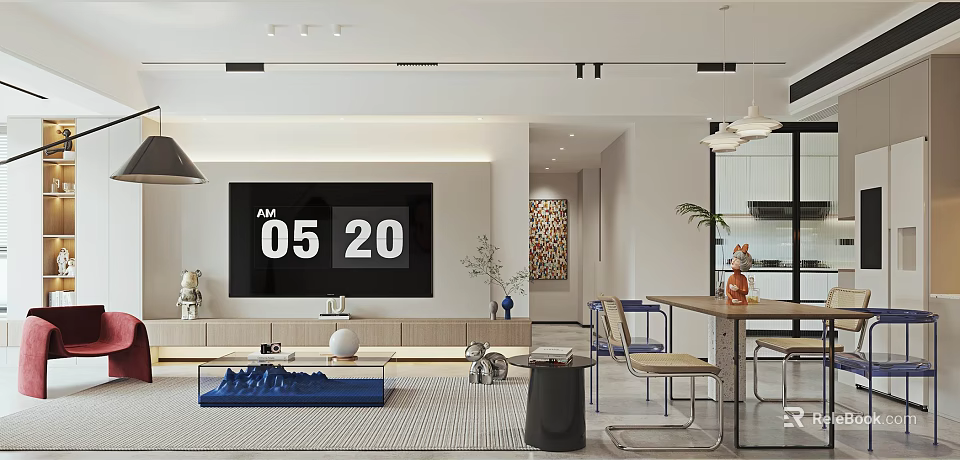 Modern Open Living Dining Area Interior With TV Screen Sofa Coffee Table And Dining Chairs 3d model