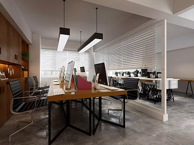 Modern Office Interior Design With Wooden Accents Hanging Lights Work Desks And Leather Chairs 3d model