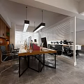 Modern Office Interior Design With Wooden Accents Hanging Lights Work Desks And Leather Chairs