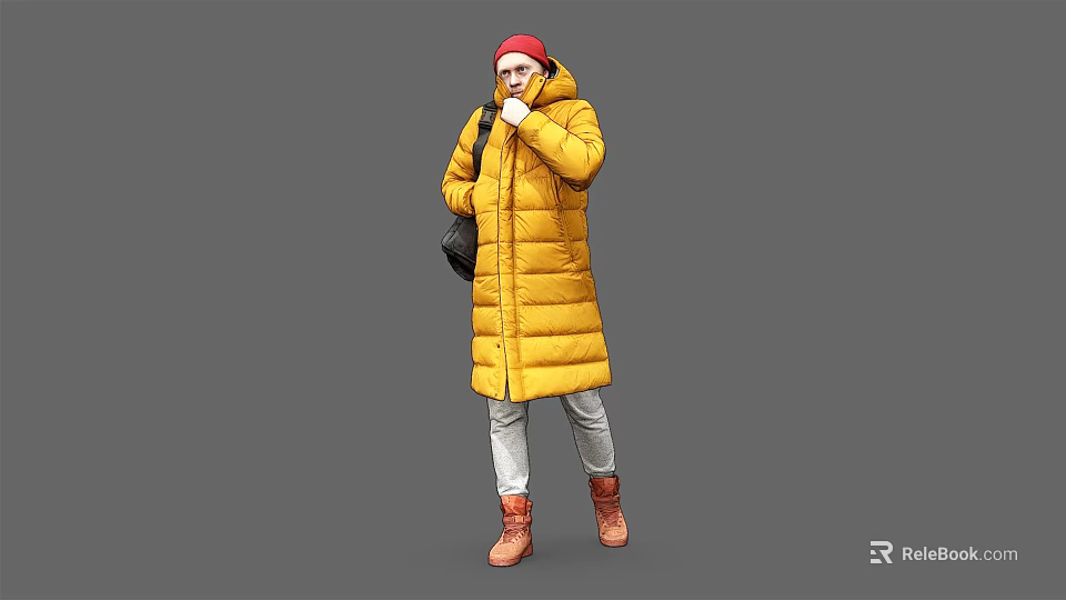 Man Dressed In Yellow Long Down Jacket Red Hat Black Bag Gray Pants Brown Boots 3d model 