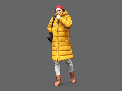 Man Dressed In Yellow Long Down Jacket Red Hat Black Bag Gray Pants Brown Boots 3d model