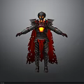 Futuristic Warrior Character In Metallic Armor With Red Cape And Glowing Chest Core