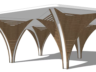 Modern Pergola With Arched Wooden Columns And White Slatted Roof Design 3d model