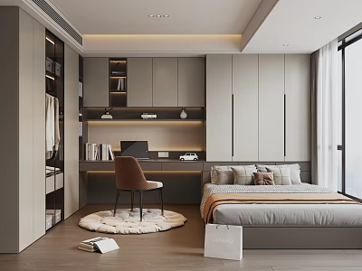 Modern Tatami Bedroom Interior Design With Desk Chair Wardrobe And Lighting 3d model