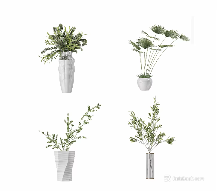 White Vase Arrangements With Green Plants And Various Foliage For Home Decor 3d model 