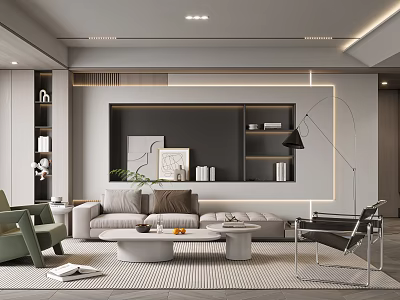Modern Minimalist Living Room Interior With Gray Sofa Green Chairs Coffee Tables And Shelves 3d model