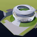 Modern Architectural Structure With Circular Roof Glass Facade And Water Reflection 3d model