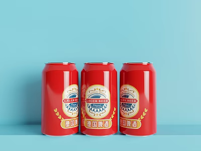 Three Red Beer Cans With Golden Labels On Blue Background 3d model