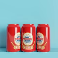 Three Red Beer Cans With Golden Labels On Blue Background 3d model