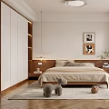 Modern Minimalist Bedroom Interior With White Wardrobe Wooden Headboard Rug Window View And Wall Artwork