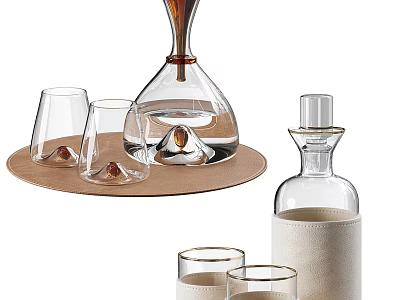 Elegant Drinking Glasses with Decanter Round Tray and Bottle with Fabric Cover for Home Bar 3d model