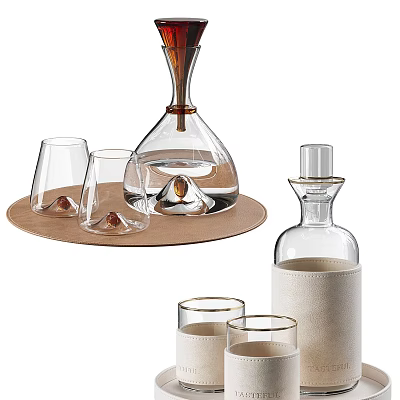 Elegant Drinking Glasses with Decanter Round Tray and Bottle with Fabric Cover for Home Bar 3d model