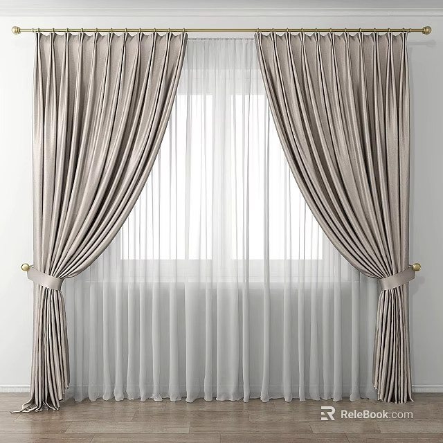 Beige Velvet Curtains With Sheer Layers And Gold Tiebacks For Elegant Window Decoration 3d model 