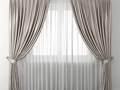 Beige Velvet Curtains With Sheer Layers And Gold Tiebacks For Elegant Window Decoration 3d model