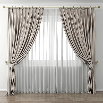 Beige Velvet Curtains With Sheer Layers And Gold Tiebacks For Elegant Window Decoration 3d model