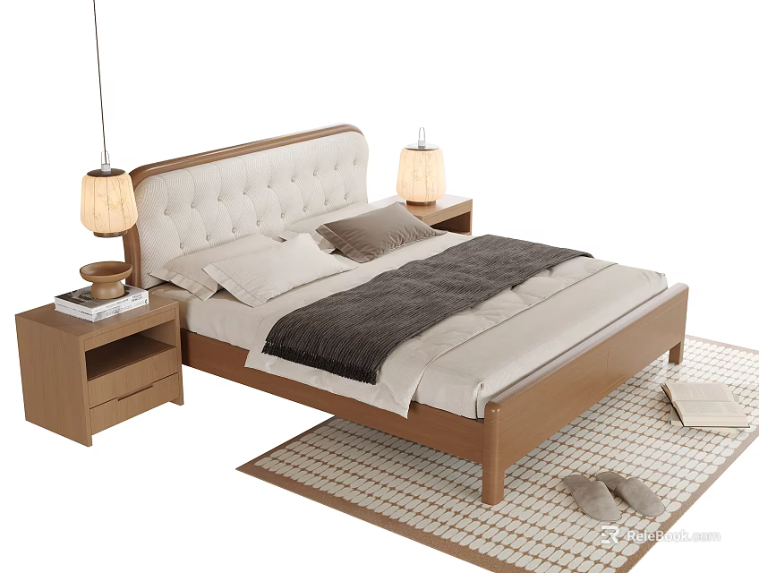 Single Bed with Upholstered Headboard Light Bedding Wooden Nightstands Table Lamps Light Rug and Slippers 3d model 
