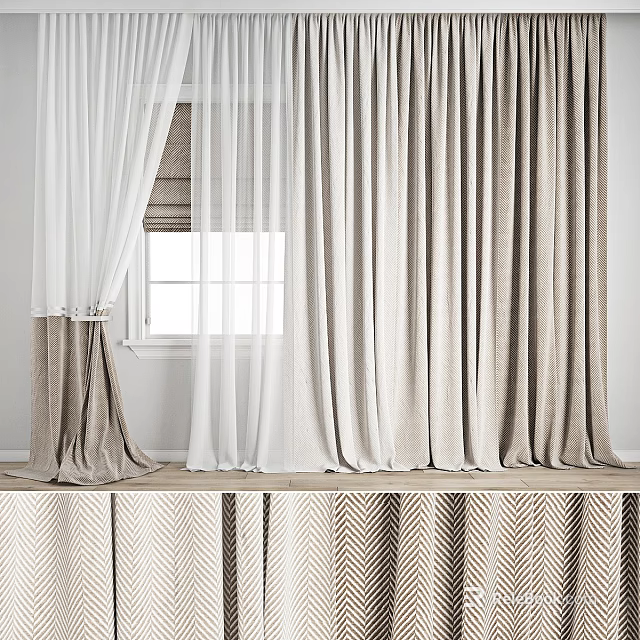 White And Beige Sheer Fabric Curtains With Geometric Pattern Bottom For Indoor Window 3d model