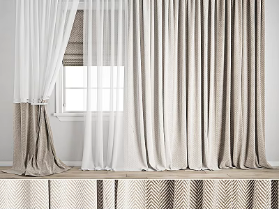 White And Beige Sheer Fabric Curtains With Geometric Pattern Bottom For Indoor Window 3d model