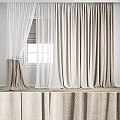 White And Beige Sheer Fabric Curtains With Geometric Pattern Bottom For Indoor Window 3d model