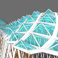 Contemporary Pergola With Triangular Blue Glass Panels And Modern Geometric White Framework