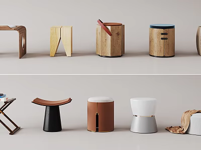 Modern Stylish Stools With Various Designs Wooden Metal And Leather Materials 3d model