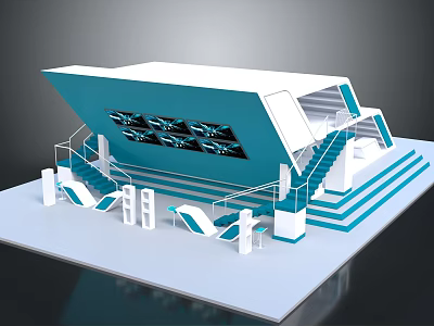 Modern Blue And White Exhibition Stand With Staircases Steps Railings And Panels 3d model