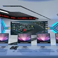 Modern Control Room with Multiple Computer Monitors Large Display Screen and Modern Lighting 3d model