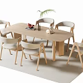 Modern Wooden Dining Table Set with 6 Light Chairs and Decorative Plant plus Fruits