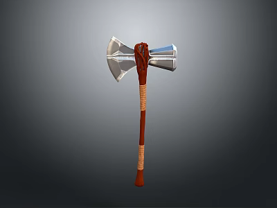 Double Edged Axe With Silver Metal Head And Brown Wooden Handle 3d model