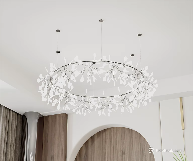 White Petal Circular Chandelier Hanging In Modern Interior With Wooden Accents 3d model 