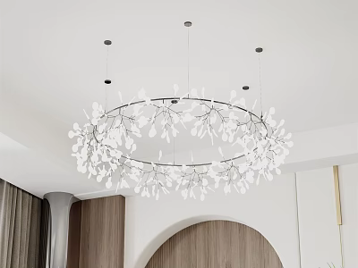 White Petal Circular Chandelier Hanging In Modern Interior With Wooden Accents 3d model