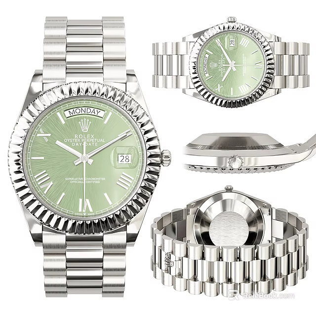 Luxury Rolex Watch With Silver Bracelet Green Dial And Day Date 3d model 