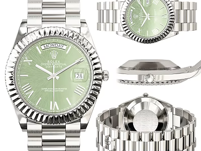 Luxury Rolex Watch With Silver Bracelet Green Dial And Day Date 3d model