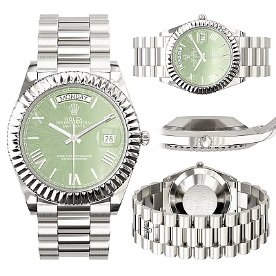 Luxury Rolex Watch With Silver Bracelet Green Dial And Day Date 3d model