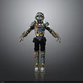 Mechanical Robot Armor With Colorful Components Helmet Arm Leg Parts Standing Pose Gray Background