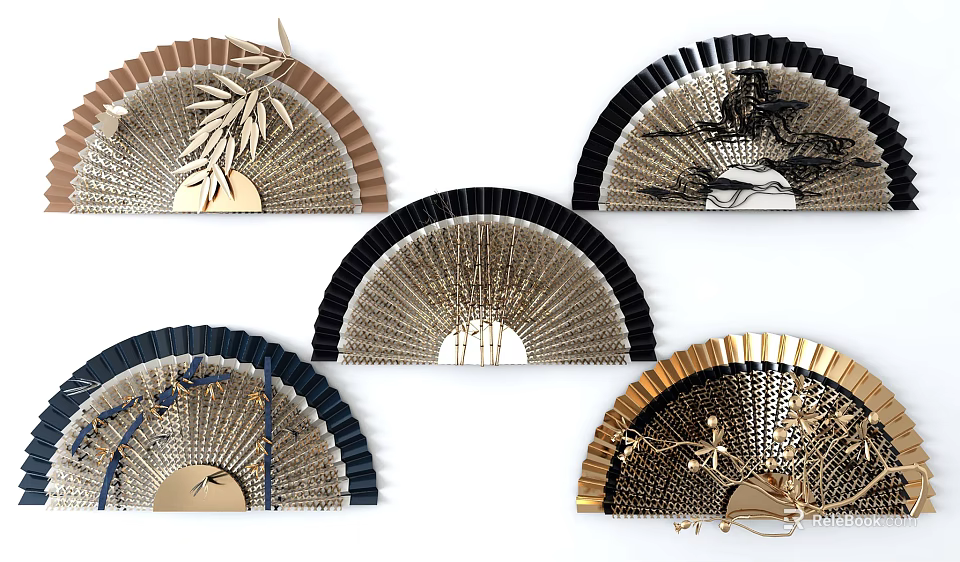Fan Shaped Wall Decor with Gold Black Brown Bamboo Leaf Bird Patterns 3d model 